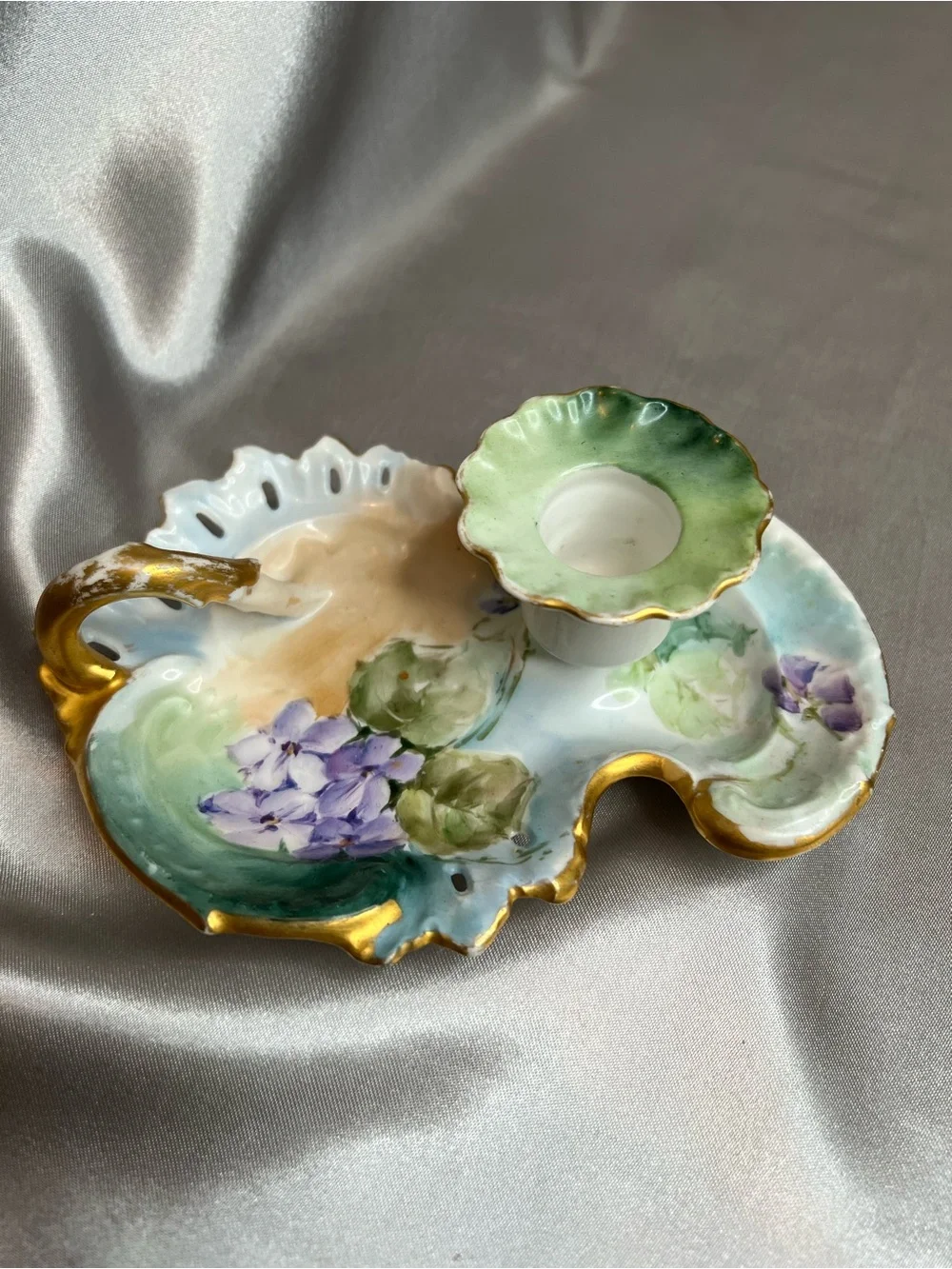 Antique Hand-Painted Porcelain Chamberstick Finger Candle Holder, Purple Violets
